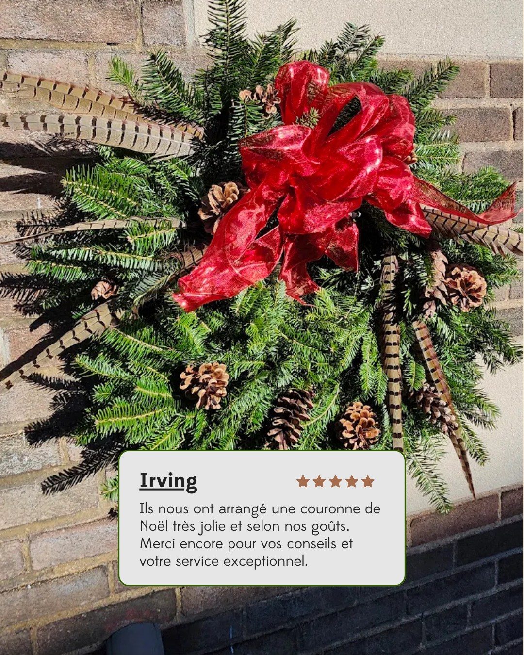 Merci à Irving pour ses bons mots! ✨

Envie d’une couronne créée juste pour vous? On vous accompagne pour imaginer celle qui complétera parfaitement votre décor des fêtes. 🎄

Psst! Vous pourriez remporter une couronne gratuite en participant à notre concours des fêtes. 👀Vous avez simplement à nous laisser un avis sur Google d'ici le 20 décembre! (🔗lien en bio)

#couronnedenoël #christmaswreath #couronnedefleurs #couronnesdefleursséchées #décorationdenoël #noël
